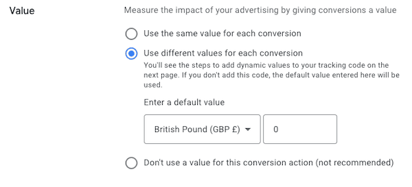 adding conversions values in Google Ads